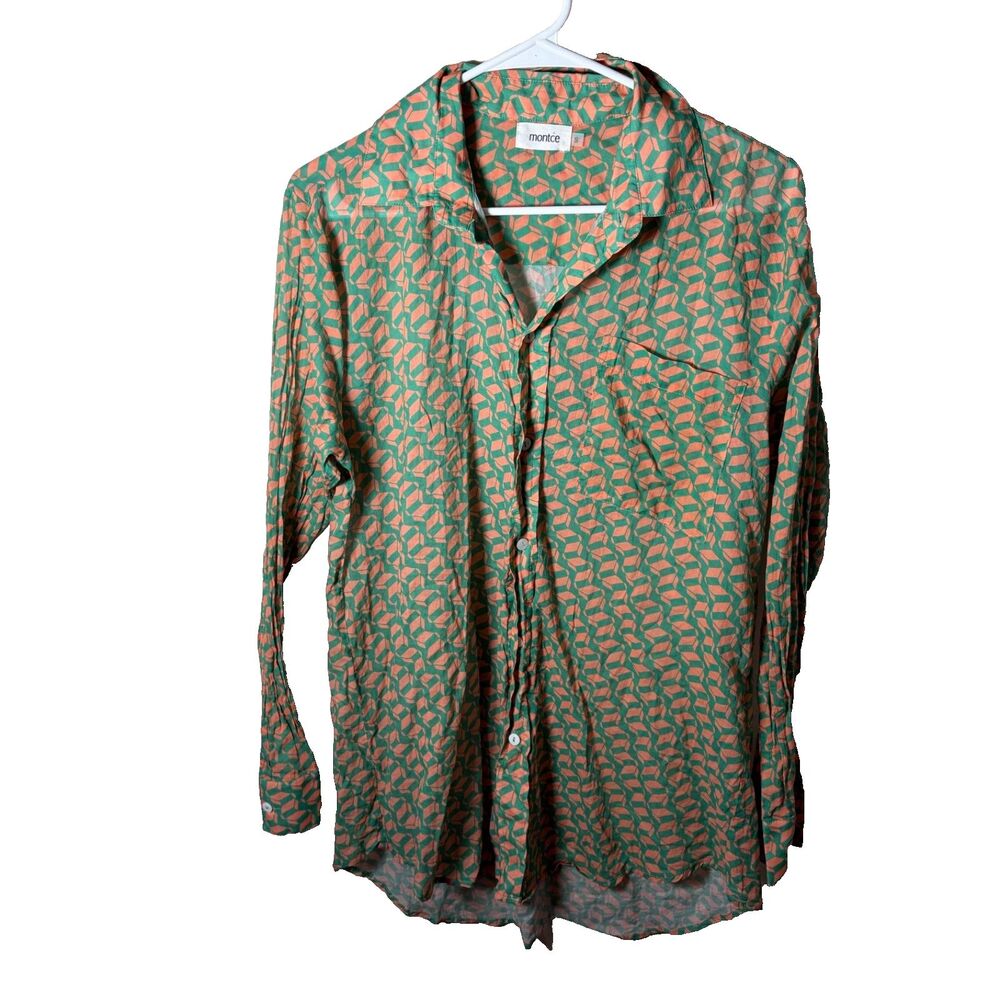 Montce Shirt Women's Small Printed Green Orange Button Up Cotton Collared Top